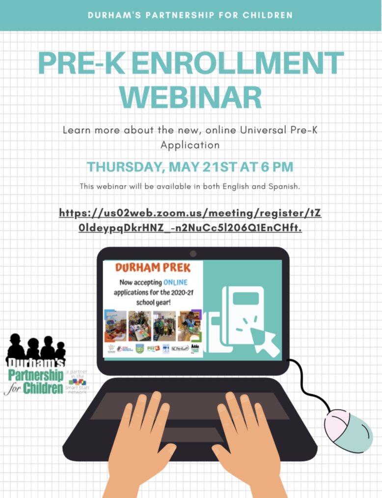 DurhamPrek's tweet photo. Join @DPFC_NC on May 21st at 6pm for a webinar about the Durham Universal Pre-K Application! All families in Durham County with children that turn 4 by August 31, 2020 are eligible for the 2020-21 school year!
#Durham #DurhamCounty #DurhamNC #DurhamPreK #durhamheadstart https://t.co/YIb8OuINtg