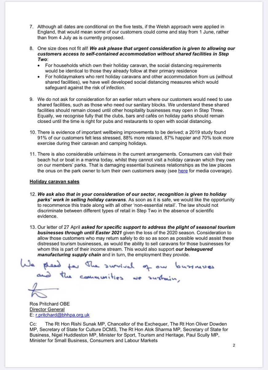 HARPA_UK's tweet photo. We’ve written to @BorisJohnson  asking him for urgency in the @CMO_England consideration of outdoor holidays, and since #OneSizeFitsAll does not apply to consider if holiday park accommodation without shared facilities may reopen in Step Two

#ProtectTourismJobs @HuddlestonNigel https://t.co/WPhmJnXJo2