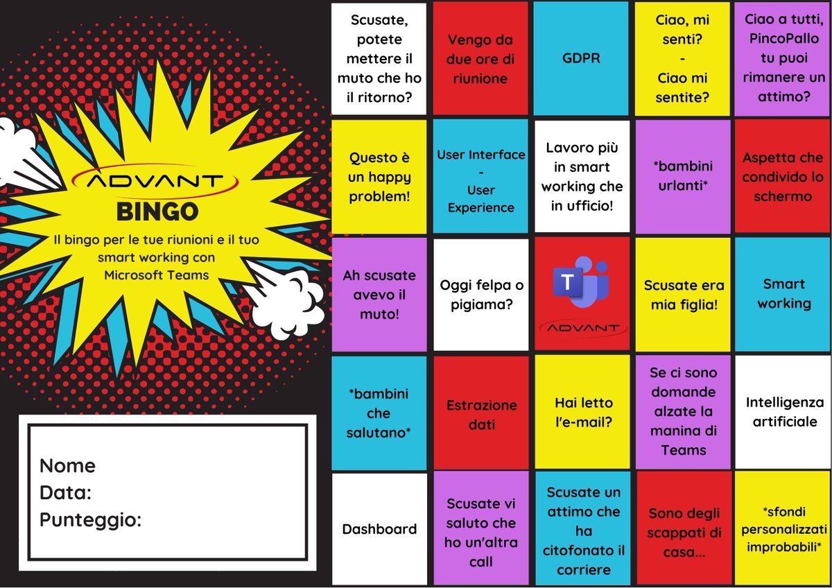 advant_l's tweet photo. #MondayFunday • Per iniziare la settimana non c'è niente di meglio di una risata insieme😁 Vi ricordate il #Bingo delle riunioni? Ecco il nostro, per tutti voi che siete divisi tra ufficio e #smartworking e vi incontrate su #MicrosoftTeams! #AdvantBingo #MeetingBingo #TeamsBingo https://t.co/rKNdDdf4ib
