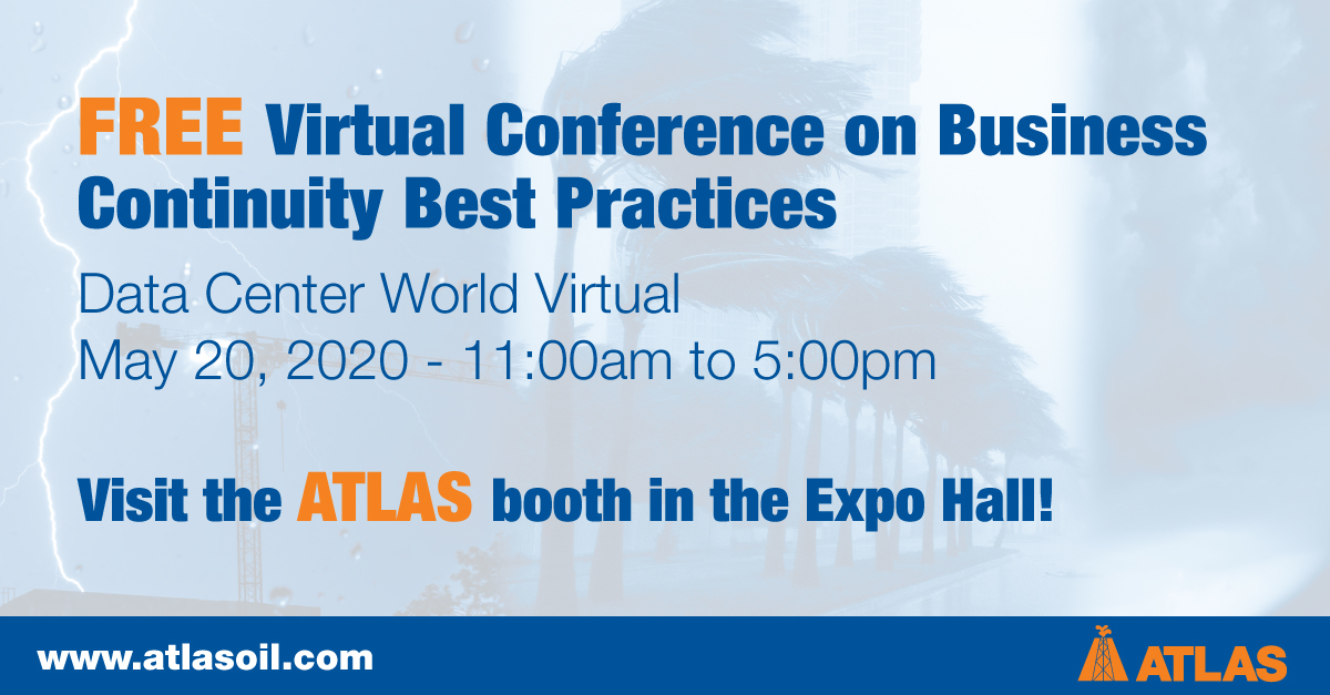atlasoil's tweet photo. Join us this week at Data Center World Virtual! Visit our Emergency Fueling team in the Atlas booth to #StormProof your business and learn how we can help your #missioncritical facilities achieve 100% uptime throughout 2020. #DCW2020Virtual #BusConBestPractices https://t.co/18k9LZLMbo