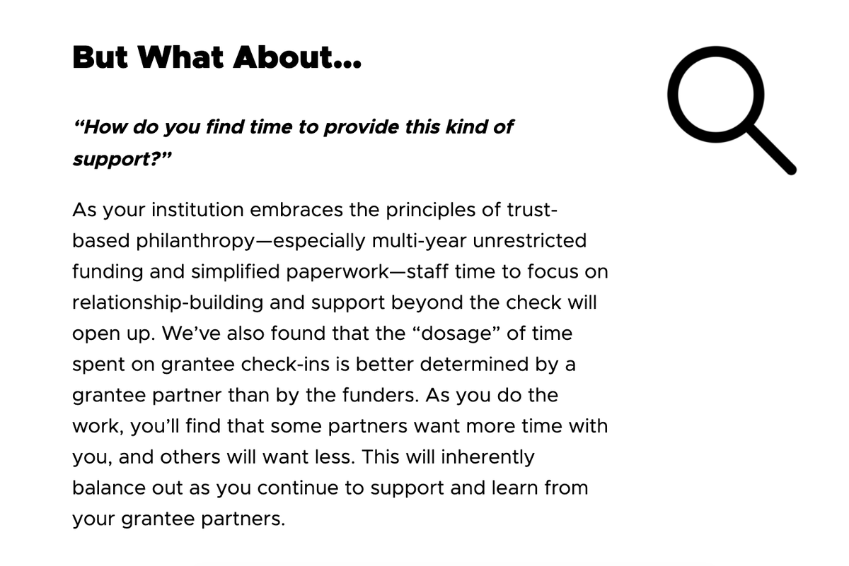 TrustBasedPhil's tweet photo. Responsive, non-monetary support can help foster healthier organizations. How can foundations support grantees #beyondthecheck? Here's a skeptic's Q (&amp; trust-based answer) addressing how to make this shift --> "But What About?"
https://t.co/f3ylxZpB5t #trustbasedphilanthropy https://t.co/MWO4hZbY0t