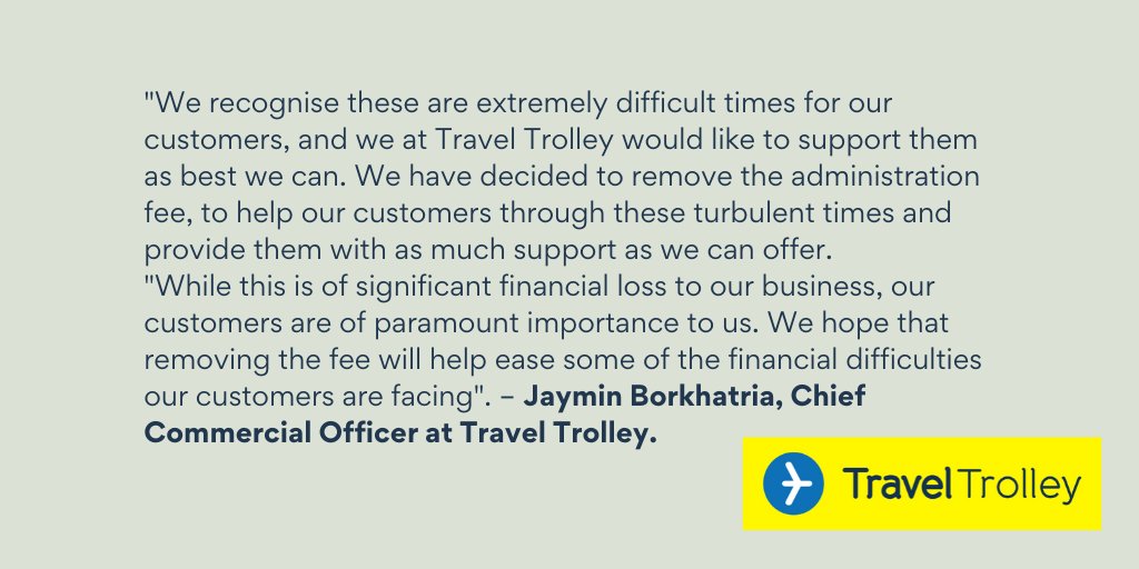 We, at TravelTrolley, would like to inform all customers that we are removing the administration fee for ALL flights cancelled due to COVID-19. Including those who have already received their refund.

📞✉️Get in touch with us at 0208 843 4400 or email urgent@traveltrolley.co.uk