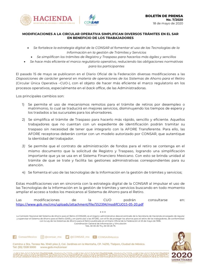 CONSAR_mx's tweet photo. #BoletínDePrensa ➡️ Modificaciones a la Circular Operativa simplifican diversos trámites en el SAR en beneficio de los trabajadores 📝🗂📂 https://t.co/7jRNtLvqao