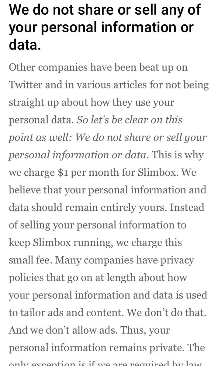slimboxapp's tweet photo. @ffumarola @MrLowdon @EzekielLucas_ @TheEricAnderson Thanks @ffumarola. Slimbox doesn’t sell user data or allow ads. And it can declutter your inbox in seconds. Here is an excerpt of our privacy policy on this topic. https://t.co/N81GJ3vE83