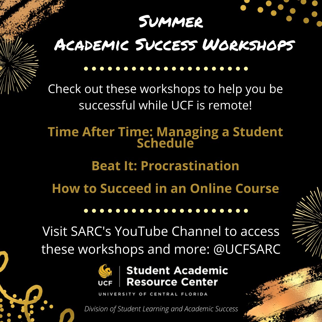 UCFSARC's tweet photo. Hey Knights- check out these amazing SARC workshops on our YouTube page @UCFSARC that can help you be successful while UCF is remote! There are many other topics recorded so be sure to take a look! β¨
#UCFSARC #AcademicSuccessWorkshops #OnlineSuccess #GoKnights β‘οΈπ https://t.co/SlrgvJog9a