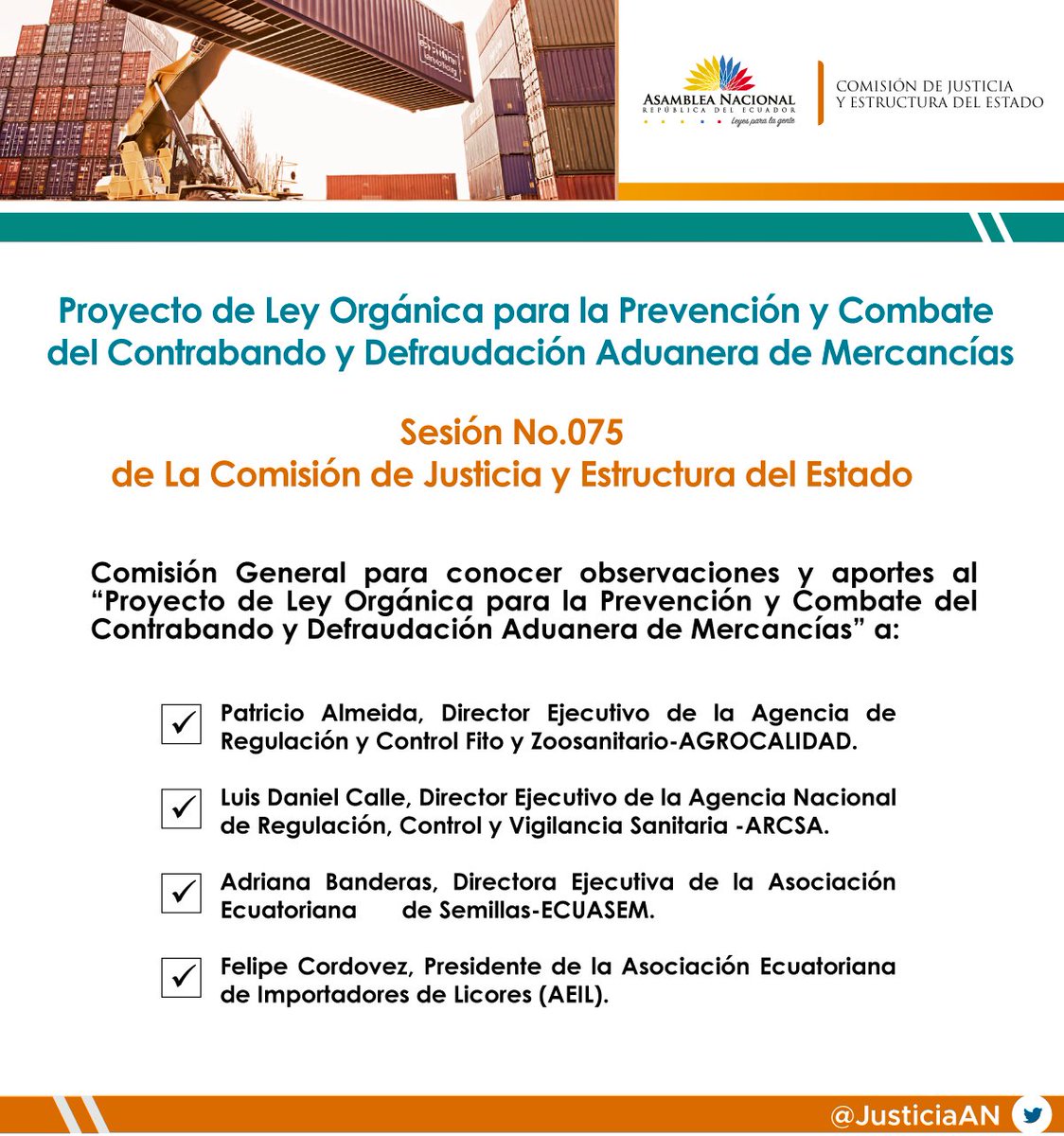 JusticiaAN's tweet photo. @JusticiaAN inicia Sesión No. 075 en modalidad visual para recibir en comisión general a @AgrocalidadEC @Arcsa_Ec,  @Ecuasem y la Asociación Ecuatoriana de Importadores de Licores #AEIL. #LeyPrevenciónContrabando https://t.co/lonqVvutDJ