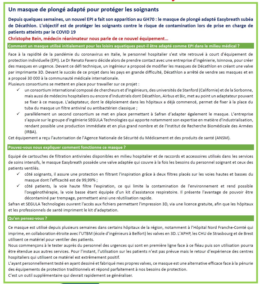 Utilisation au GH70 d'un masque de plongé adapté afin de protéger les soignants contre le risque de contamination lors de prise en charge de patients COVID19. 
Christophe Bein, médecin réanimateur nous parle de ce nouvel équipement…
#gh70 
#innovations 
#ensemblefaisonsface