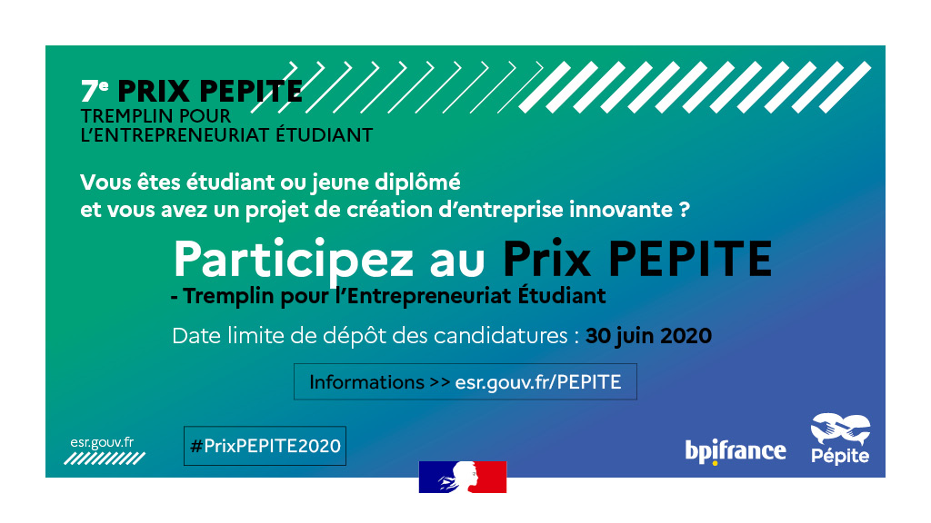 📢 Vous êtes étudiant ou jeune diplômé ? Lancez-vous dans la création d'une entreprise innovante et créative grâce au concours #PrixPEPITE2020 ! Inscrivez-vous à cette aventure entrepreneuriale pour profiter d'un accompagnement et d'une aide financière ➡️ enseignementsup-recherche.gouv.fr/cid151820/ouve…