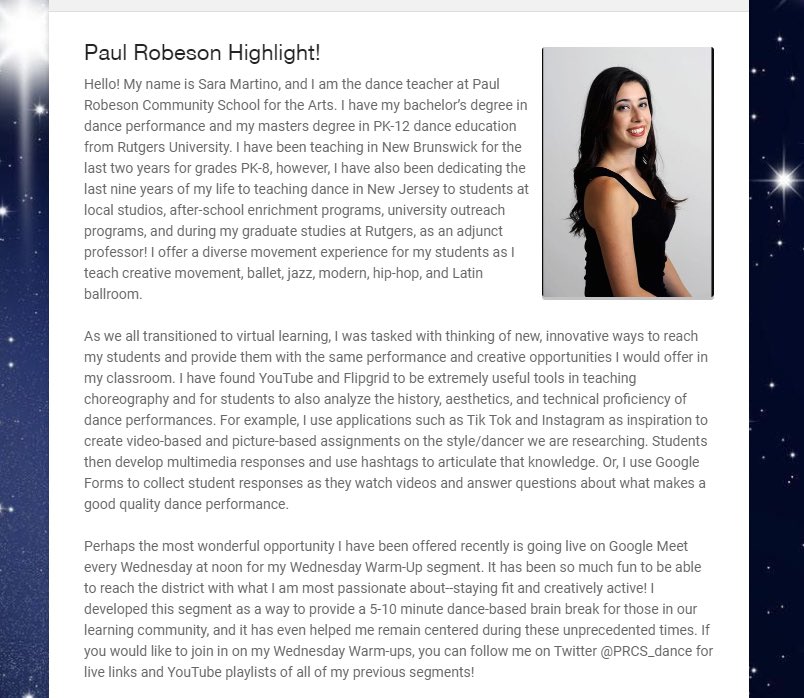 JOlawski's tweet image. ‼️ Meet Ms. Martino! Her passion of working tirelessly to ensure her students are learning &amp;amp; having fun, especially now is admirable! Give her a follow @PRCS_dance !!! #invested @nbpschools @PaulRobesonNBPS @keirascussa26 @MarnieMcKoy @DVillalonaNBPS @NewJerseyDOE @aubjohnson111