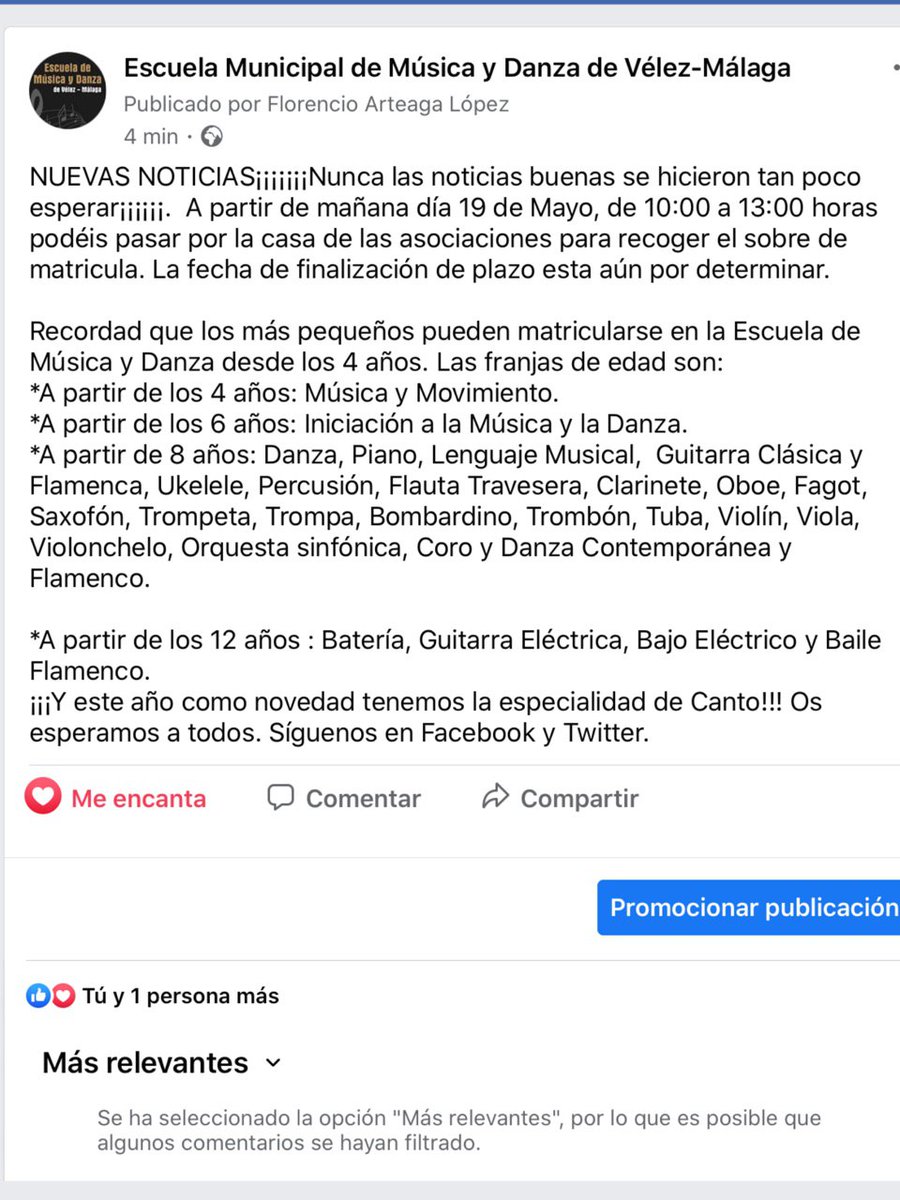 EMMusicaVelez's tweet photo. Buenas noticias musicales. Comenzamos con las matriculas para el próximo curso 2020/21 desde mañana día 19 de Mayo de 2020¡¡¡¡ Vive la música.¡¡¡¡¡@EMMusicaVelez @AxarquiaPlus https://t.co/PnGXmIjXRb