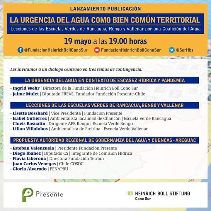 Chilecosoc, a través de su Pdte. <a href="/VenegasJuanC/">Juan Carlos Venegas</a> estará participando en el lanzamiento de la publicación “La urgencia del agua como bien común territorial”. Martes 19 de Mayo a las 19:00 Hrs. @SurHbs