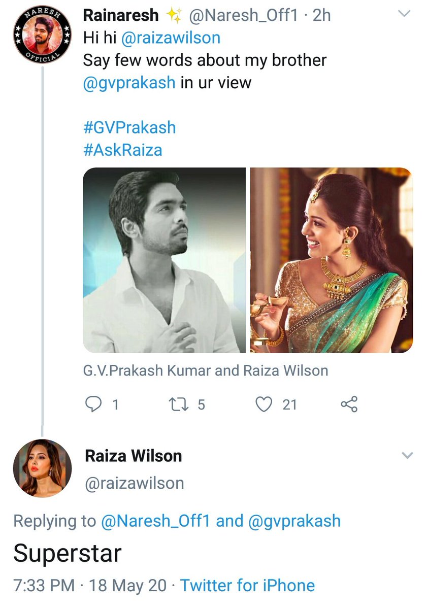 ThookuduraPosts's tweet photo. " @gvprakash is a Superstar " says @raizawilson ❤😍

#AskRaiza https://t.co/BZEGa79ktp