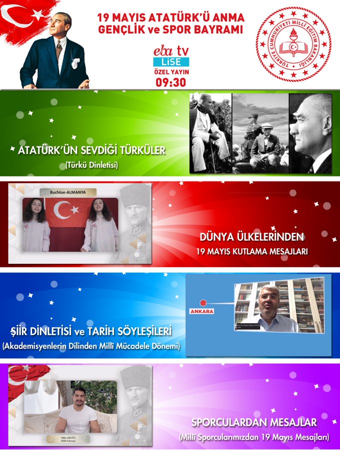 Hep beraber 19 Mayıs Atatürk'ü Anma, Gençlik ve Spor Bayramı coşkusunu, 19 Mayıs Özel Yayını ile Eba Tv Lise'de yaşayalım... 
<a href="/tcmeb/">Millî Eğitim Bakanlığı</a> <a href="/ziyaselcuk/">Ziya Selçuk</a>  <a href="/cengizmete/">Cengiz Mete</a> @UrfaMem @ismailyapicier