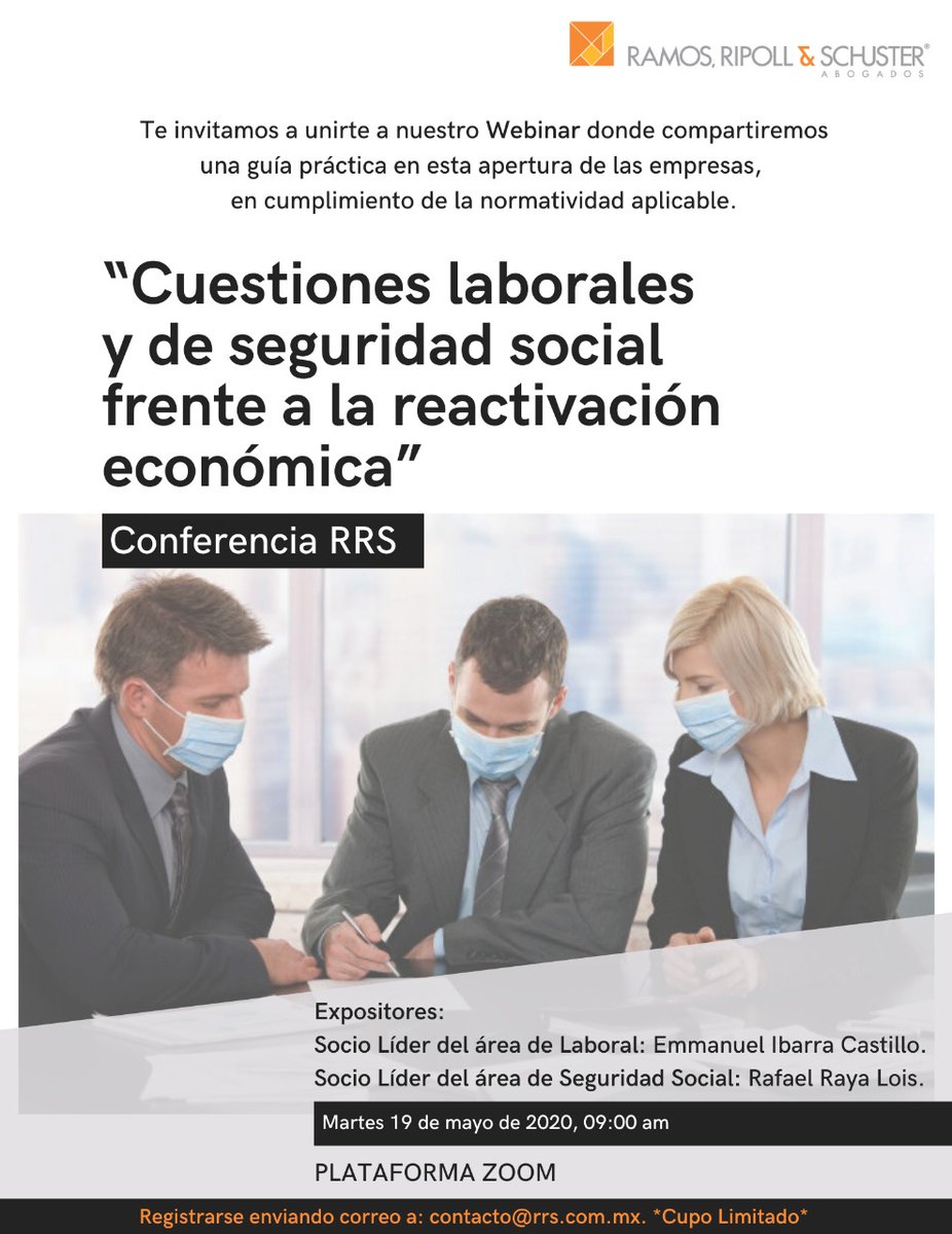 Nos complace invitarlos a participar el día de mañana 19 de mayo del 2020 a las 09:00 am a nuestro #webinar acerca de: “Cuestiones #laborales y de #seguridadsocial frente a la #reactivacióneconómica”. Información completa👇🏻