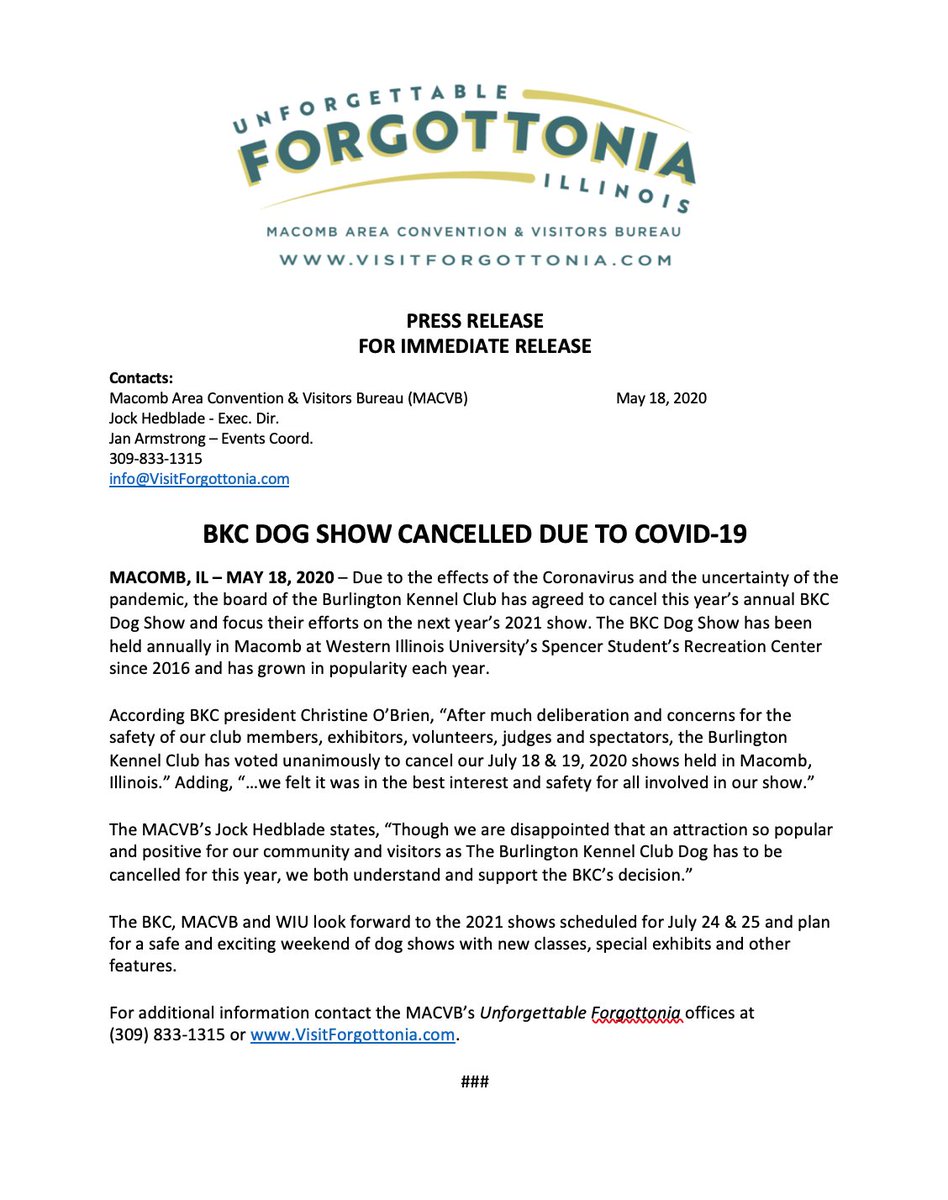 VisitForgotonia's tweet photo. BKC 2020 Dog Show Cancelled
#BurlintonKennelClub, #AmericanKennelClub, #MacombIL, #Forgottonia, #DogShow, #WIU, #McDonoughCounty. #MACVB, #VisitForgottonia, https://t.co/SX0EY0xerk