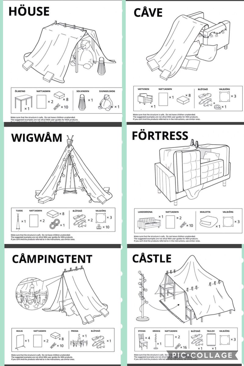 MissECHill's tweet photo. IKEA have shared a variety of ways to build your own furniture dens! Have a go and tweet us a photo 📸 ⛺️ Which ones will you choose? #denchallenge #play #nevertooold #homelearningfun @kestrelmead https://t.co/9LsODO6MgB