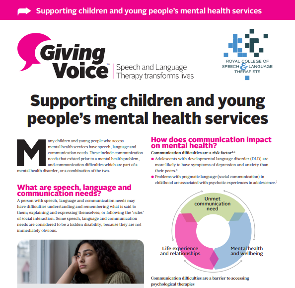 On day 2 of  #MentalHealthAwarenessWeek we are delighted to unveil a brand new  @RCSLT factsheet which sets out the important role speech and language therapists play in children and young people’s  #mentalhealth   services  https://bit.ly/RCSLTCYPMHS   #CYPMHS  #CAMHS  #SLTsinMH