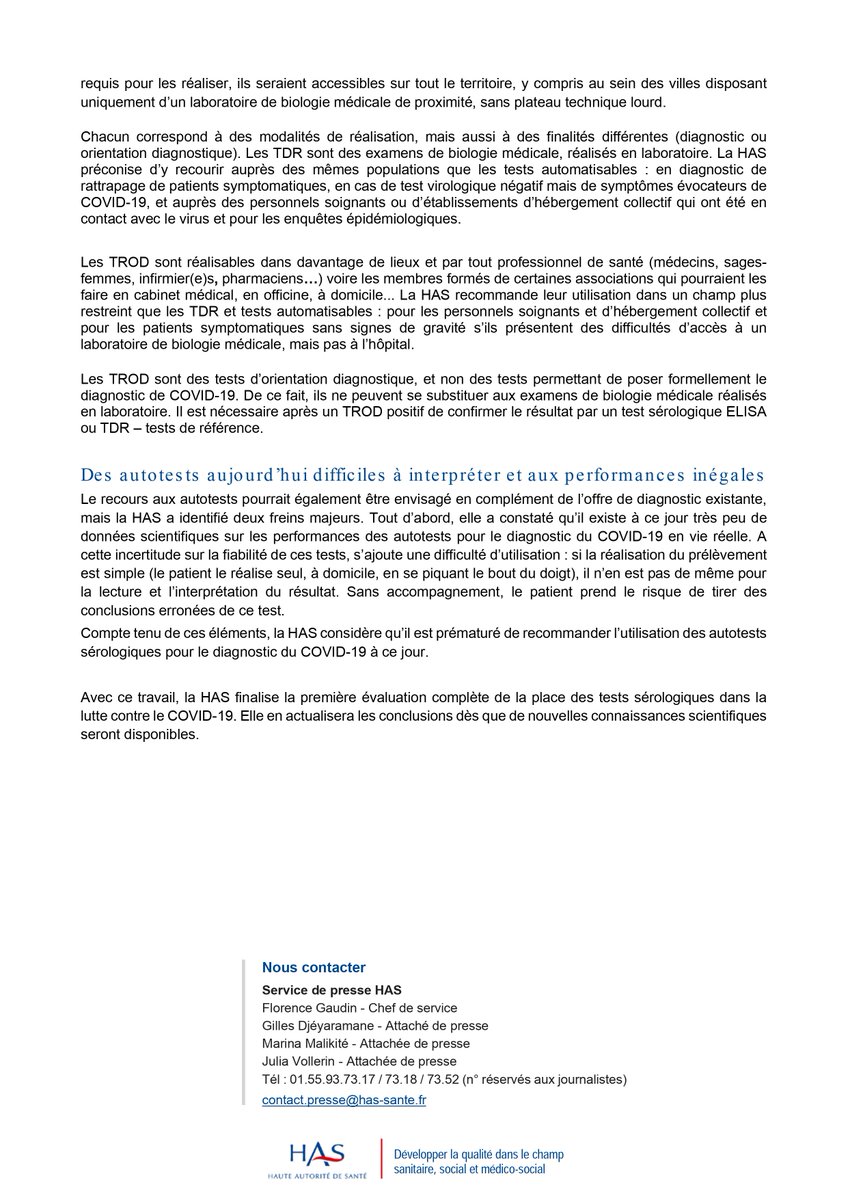 #Communiqué | La HAS se prononce sur les tests sérologiques rapides – TDR, TROD, autotests – dans la lutte contre le #COVID19 #Coronavirus

Lire le communiqué, accompagné d'une fiche pédagogique (méthodes, vocabulaire...) 👉 has-sante.fr/jcms/p_3185170…