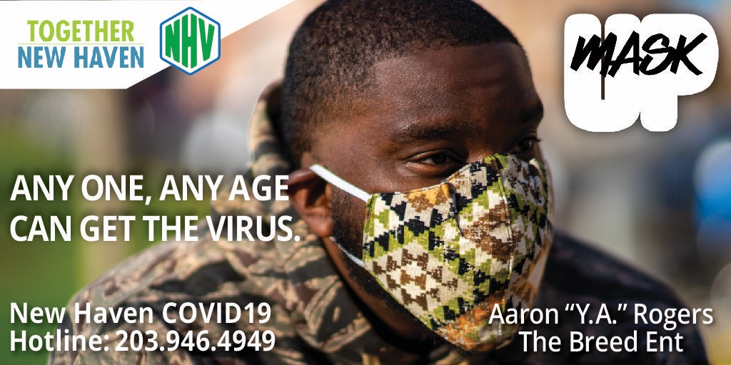NHVPublicHealth's tweet photo. Join #NHV's Aaron Rogers co-owner of @TheBreedEnt and 
#MaskUp New Haven!  Protect yourself, your neighbors, and those you love.  #MaskUp and #GetTested for #COVID19!   For COVID info. &amp; testing sites https://t.co/hl2yDt15Km or call 203-946-4949.
#TogetherNewHaven https://t.co/RFMfy44JXB