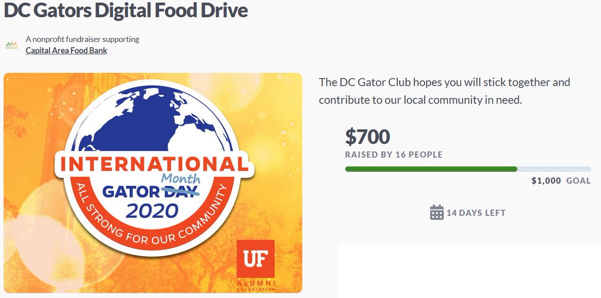 DCGatorClub's tweet photo. Int'l Gator Day - Invite your family, friends and of course fellow Gators to give back! Help us reach our $1,000 digital food drive goal supporting the Capital Area Food Bank (member of Feeding America) by May 31st. Donate Here: 
https://t.co/2zzOSn1glA https://t.co/LTf1HPkLlh