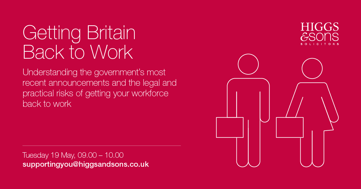 HiggsLLP's tweet photo. Getting Britain Back to Work!

Live, tomorrow at 9am.

A must for all employers looking for practice advice.

Register here: https://t.co/sMTaKVTGpr

#workforce #backtowork #employmentadvice https://t.co/wzZfba05A0