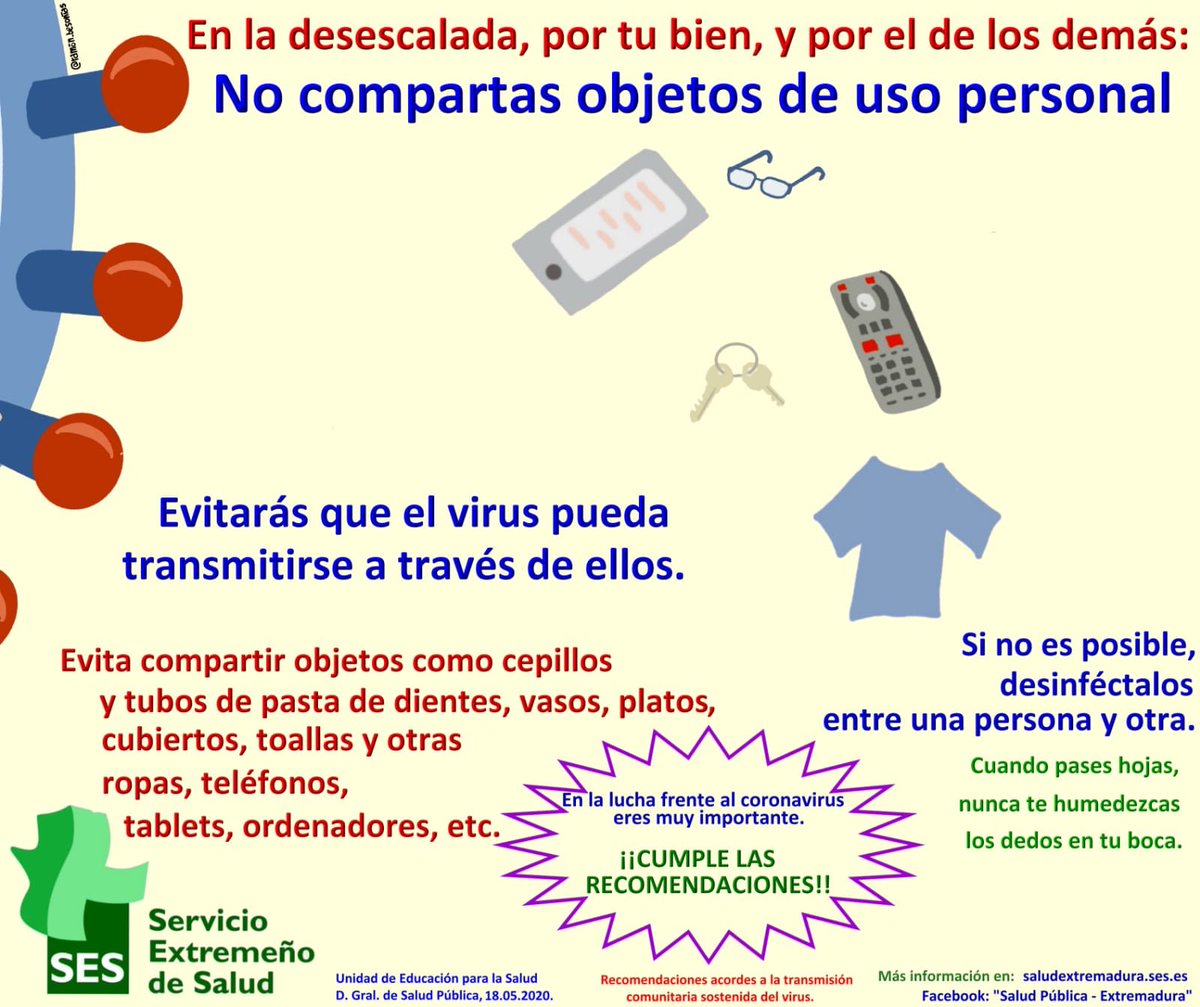 fcbzafra's tweet image. Porque #desescalar  no es 

#Descuidar‼️

⛔️No compartas tus objetos personales

Saludextremadura.ses.es
