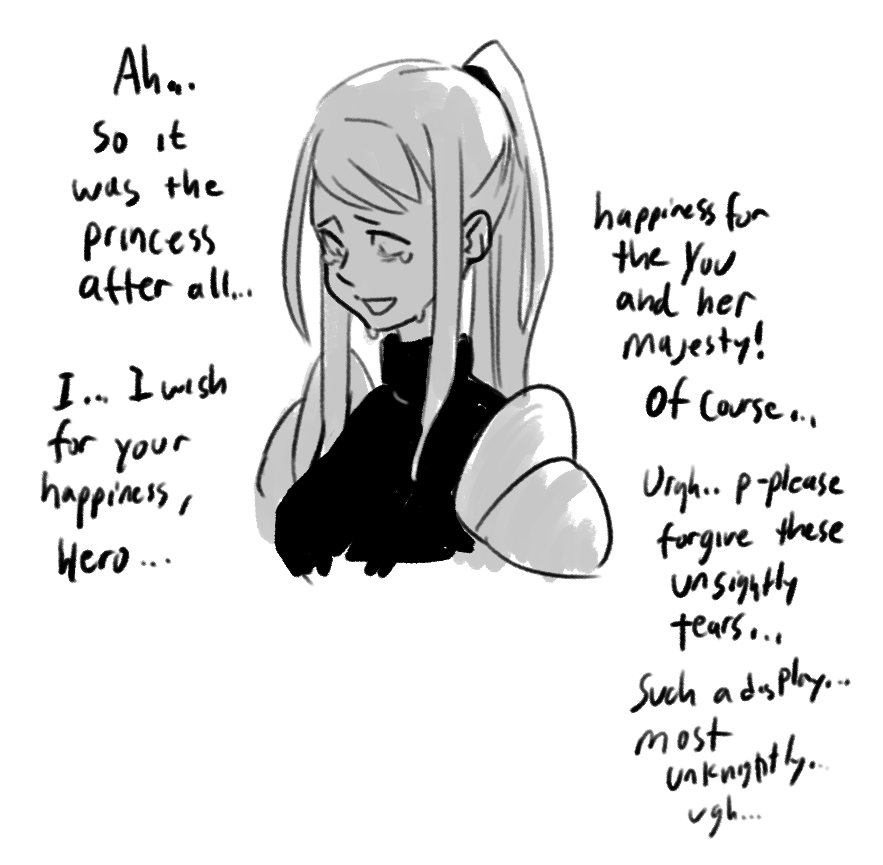 The stone-faced knight suddenly made an expression you've never seen from her before. She-- she's actually kinda cute!?Why didn't she show this side of herself before!? Where's the savescum cheat?!