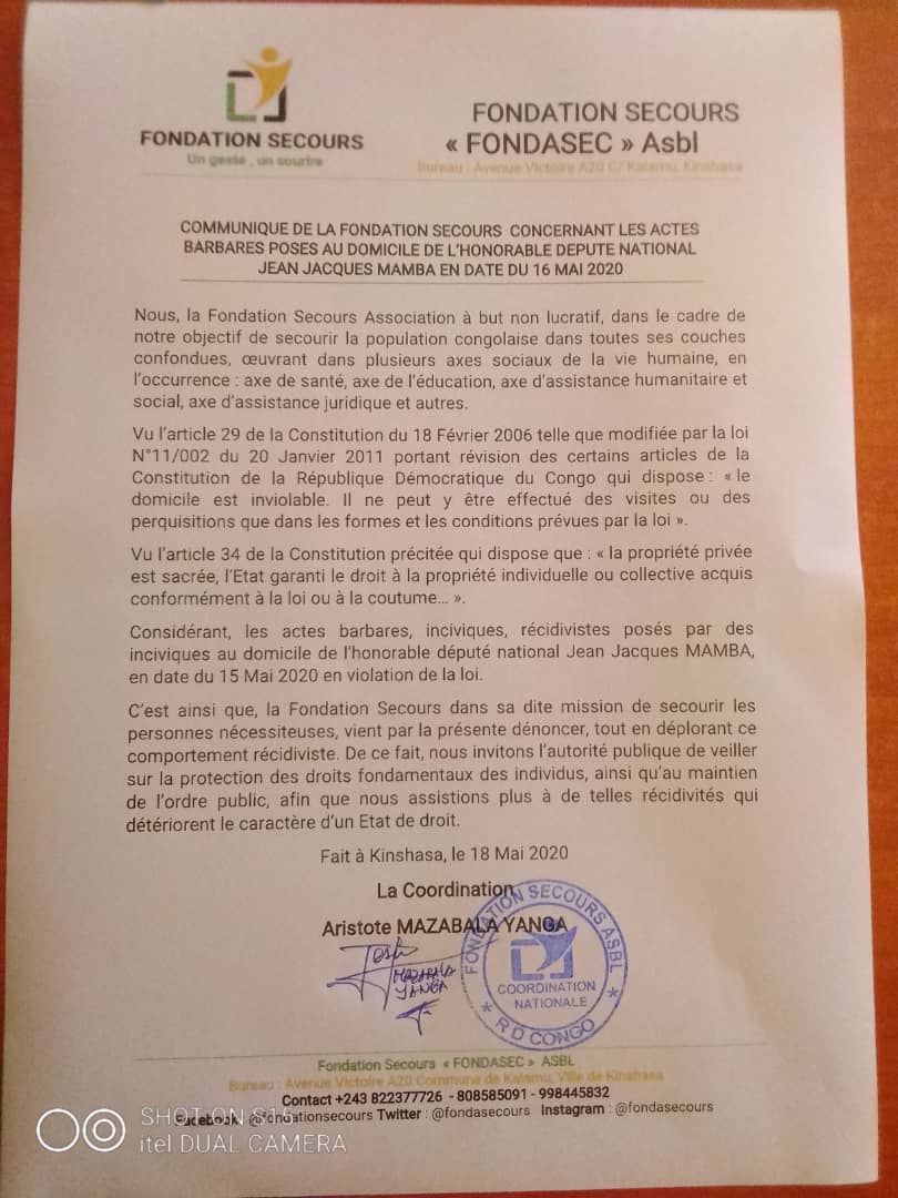 fondasecours's tweet photo. Dans son communiqué du 18 mai 2020 , la fondation secours condamne les actes barbares posés au domicile de l'honorable  jean Jacques Mamba , le domicile est inviolable... https://t.co/LezAj8emBW