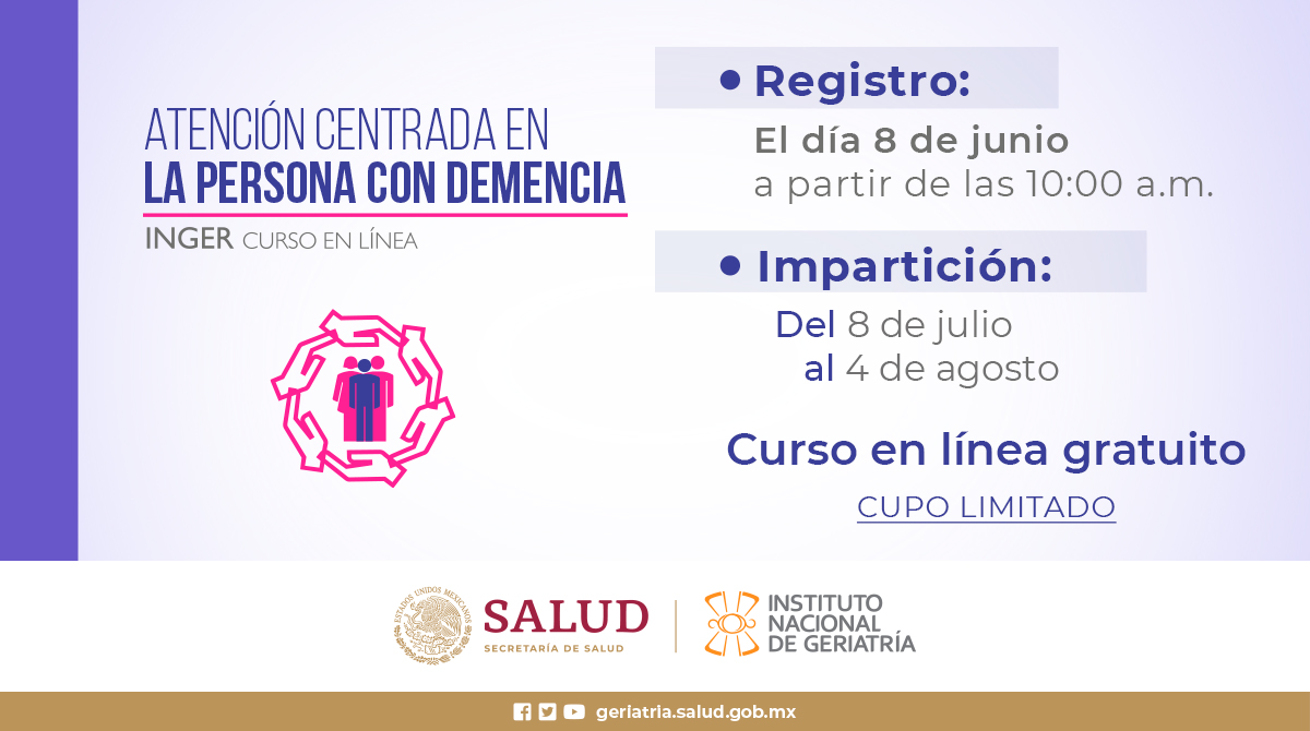 INGER_mx's tweet photo. #CursoINGER
Te invitamos a participar en nuestro curso en línea "Atención centrada en la persona con demencia".

✅ Registro a partir del 8 de junio a las 10 am.

✅ Consulta la ficha técnica del curso en el siguiente link:
https://t.co/oFbOyw4E1Z https://t.co/xeAFpDA8vK