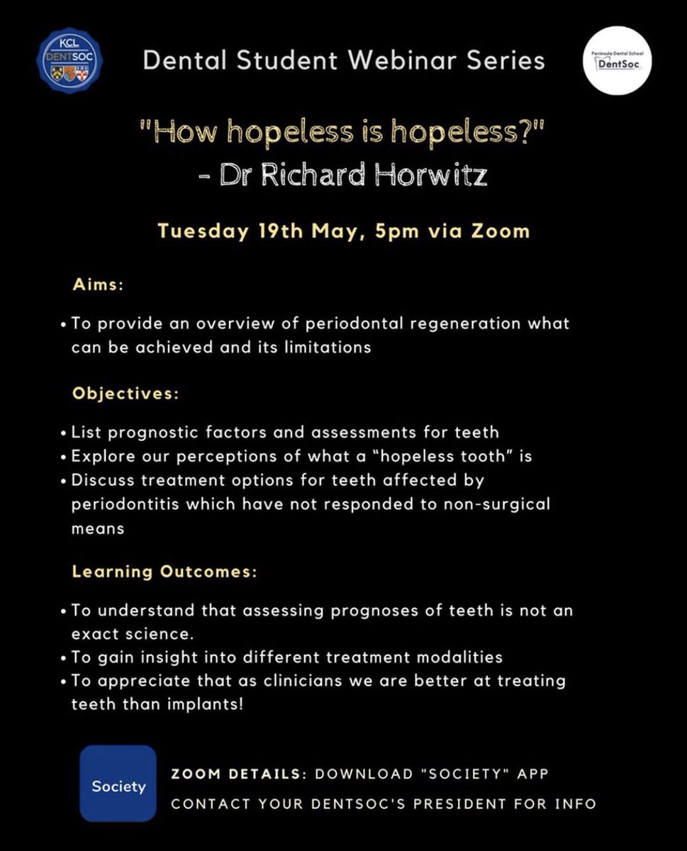 pdsDentSoc's tweet photo. FREE FOR ALL UK DENTAL STUDENTS! 🔥
⠀
Join us for the first lecture in the brand new, “Dental Student Webinar Series”! 

📓 PERIO webinar by @Richard_Horwitz 

🖥 ZOOM link: posted on our App, “Society”
⠀
🤳🏾 Download our App using link in bio!
⠀
⏰ Tuesday 19th May, 5pm https://t.co/gaIF1dUzwI