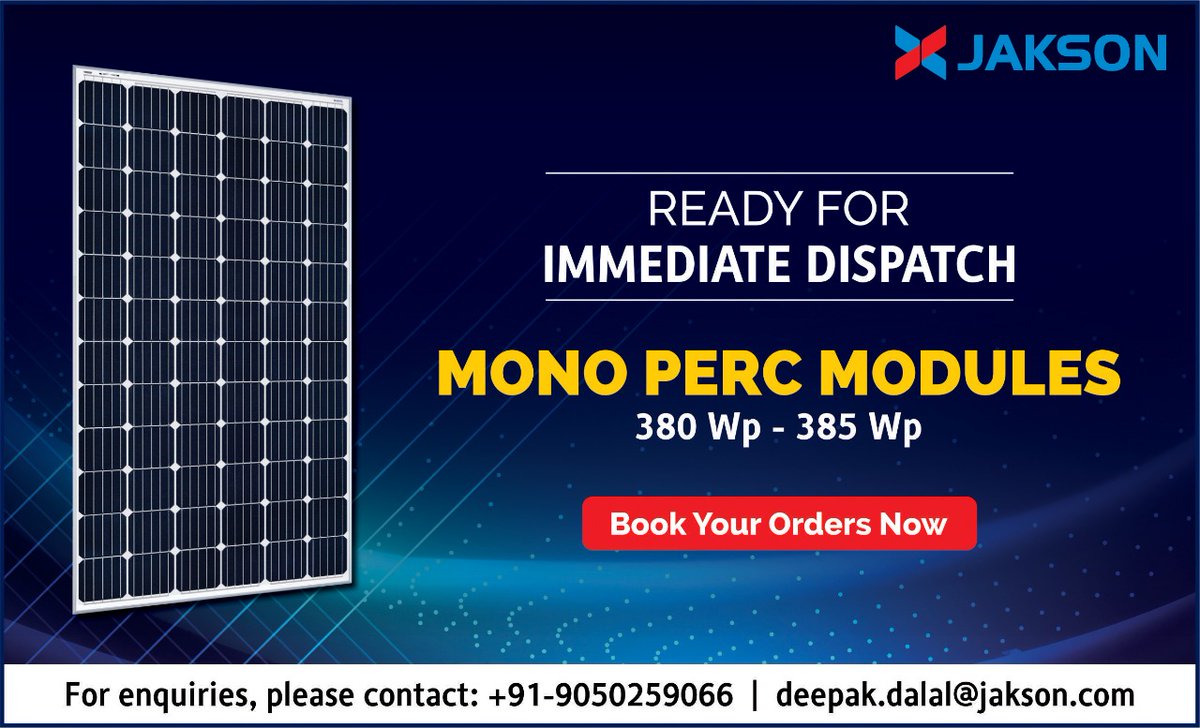 JaksonGroup's tweet photo. Highly Efficient, ‘Made in India’ Mono Perc Modules ready stock available. Book your orders now for immediate dispatch. #VocalforLocal #MakeinIndia #SolarModules #monopercmodules #solarmanufacturing #jaksongroup
#jaksoninns #solarpv #solarpanels #renewables https://t.co/1tN0GyDD3s