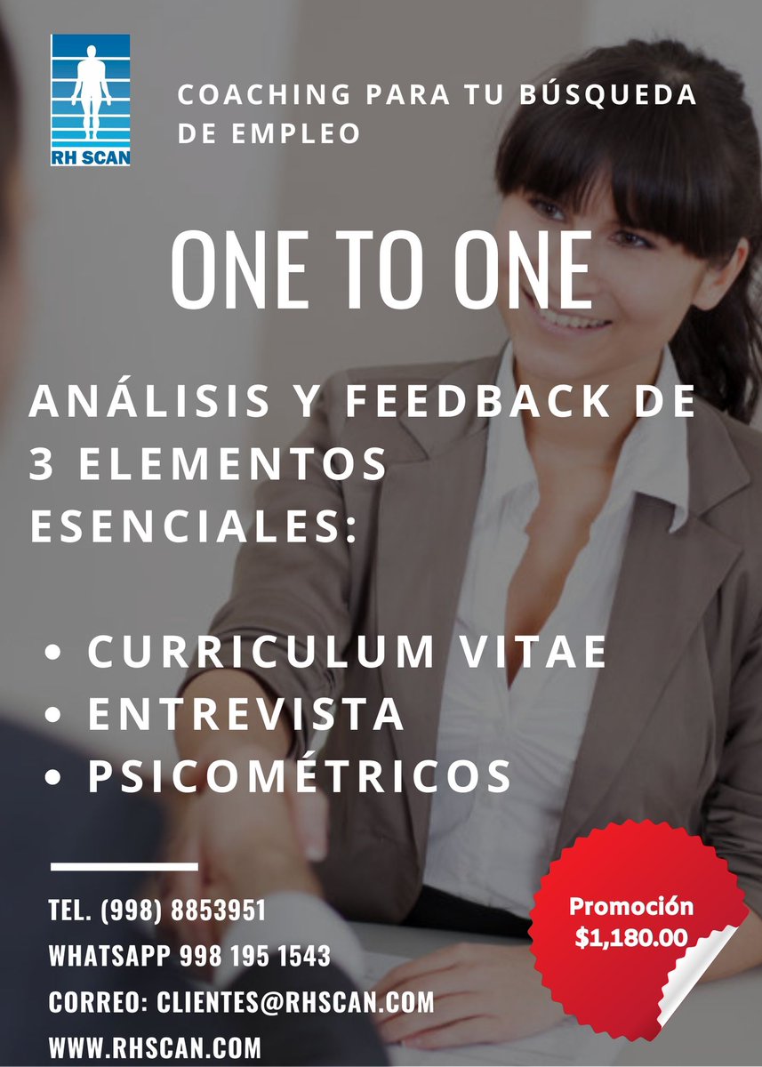 RhScan's tweet photo. One to One es una asesoría personalizada que te ayudará a mejorar tu marca personal para tener un proceso exitoso.  # #nuevosretos #reclutamientoyselección #talentohumano #entrevistalaboral https://t.co/l7TtOCoVIJ