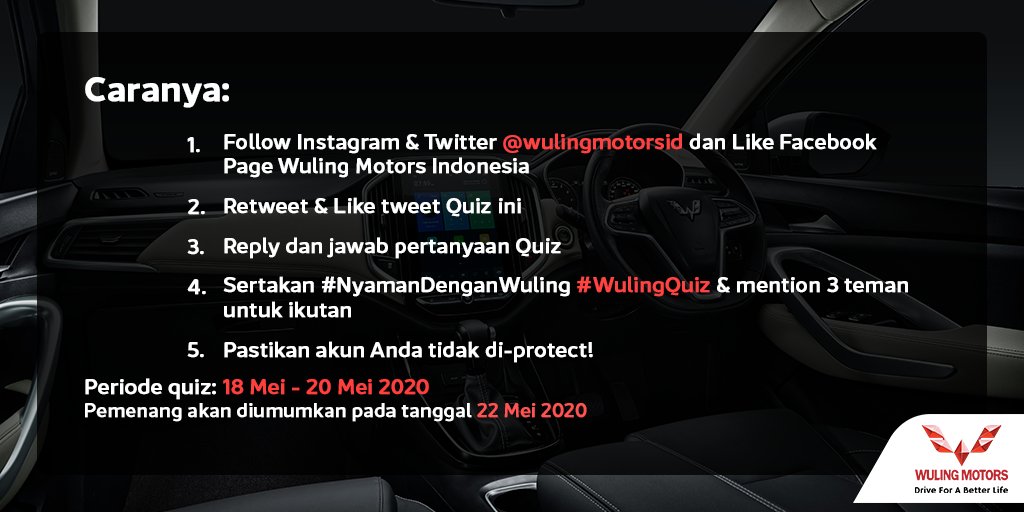 WulingMotorsID's tweet photo. Mau saldo OVO @ Rp150.000,- dr #WulingMotors?
1. Follow https://t.co/y5a2hpxK5k, Twitter @WulingMotorsID
 &amp; Like https://t.co/iNl3ml1VBz
2. RT &amp; Like tweet ini
3. Jawab pertanyaan, pake #NyamanDenganWuling #WulingQuiz &amp; mention 3 teman
4. Akun tdk di-protect

#DriveForABetterLife https://t.co/S2RcwB2Azw