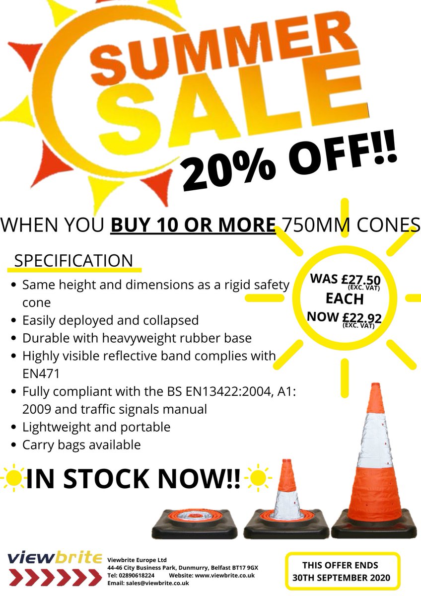 ViewbriteEurope's tweet image. WANT 20% OFF 750MM COLLAPSIBLE TRAFFIC CONES?
CHECK OUT OUR SUMMER SALE! 

#summersale #moneyoff #sale #trafficcones #viewbrite