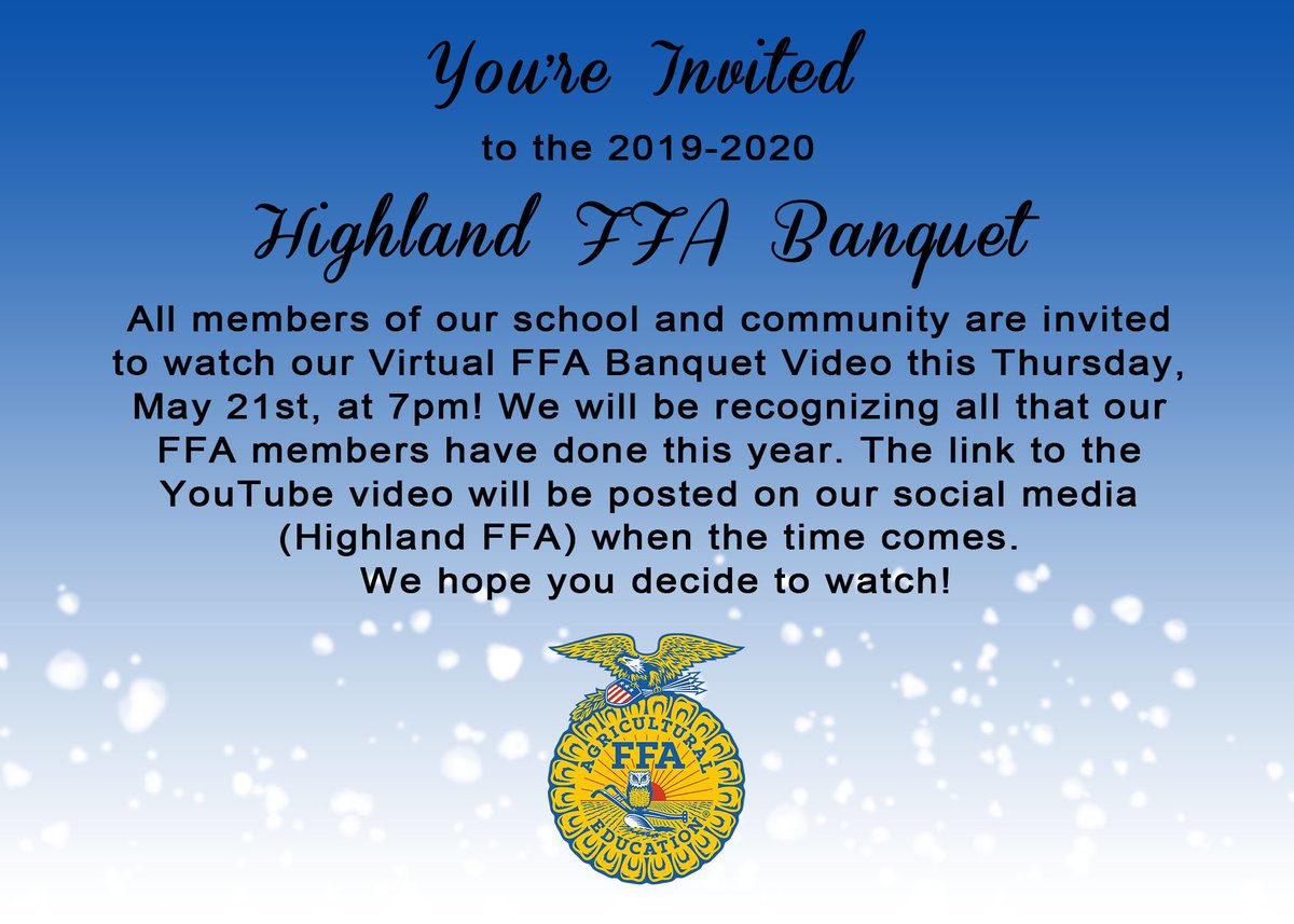 HighlandMarengo's tweet photo. You're Invited!
Thursday, May 21 Virtual Highland FFA Banquet at 7pm

@ffa_highland https://t.co/0shQgcQczZ