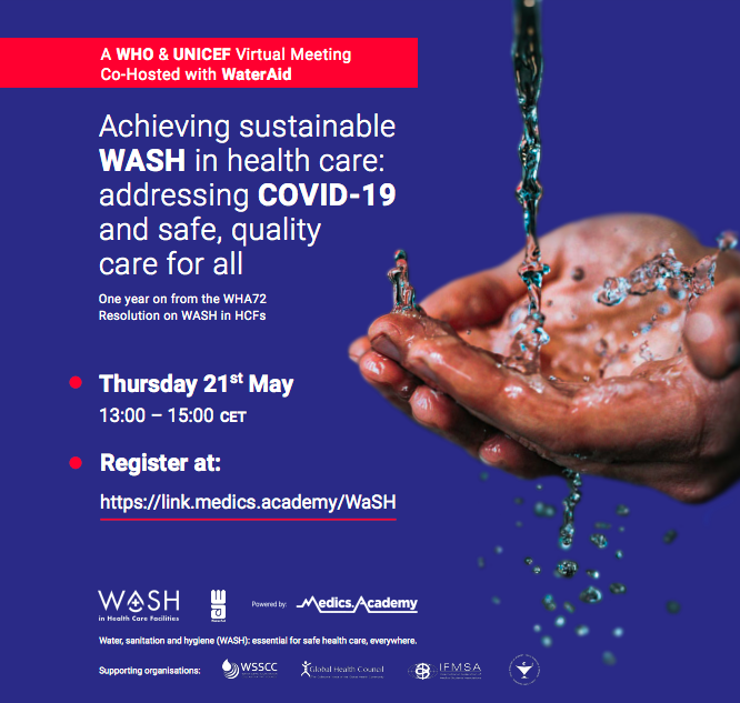 SafeSurfaceSci's tweet image. #WHA73 Virtual Meeting: Achieving sustainable WASH in HCFs worldwide

💧What progress has been made since WHA72 WASH resolution?
💧How can we accelerate action &amp;amp; investment in WASH, including for the prevention of #COVIDー19?

#R2RWASHinHCF
Register here: link.medics.academy/WaSH