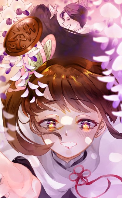 tsuyuri kanao wisteria demon slayer uniform hair ornament flower smile multiple girls 2girls  illustration images