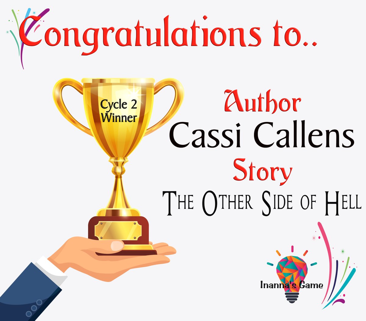 SILCreativeS's tweet photo. Congrats to the #InannasGame Cycle 2 Winner! Cassi Callens crafted a perfect gem of a short story that was thoughtful and immersive.  The next challenge cycle starts today and is open to writers of all ages! Join #Wenebojo at 2PM Central! https://t.co/EbqWqDxCro https://t.co/BJqEdnrJVB