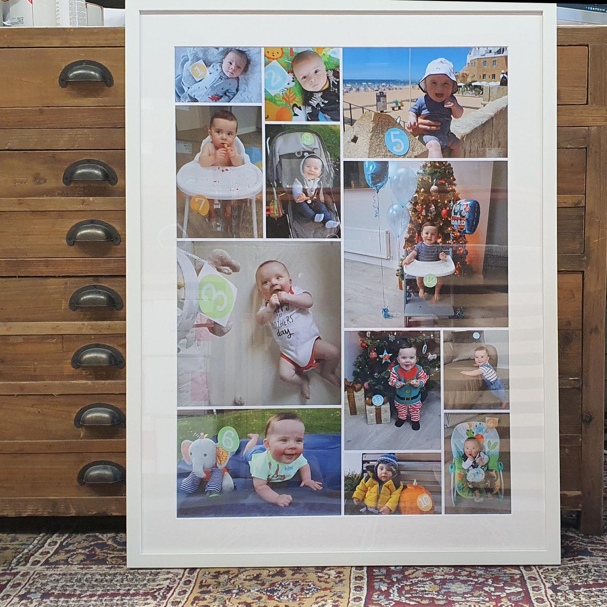 This 80x60cm custom collage in a white frame is gorgeous. 12 photos  - 1 for every month.  A beautiful way to remember precious moments.  Create yours in minutes on the site or #iphone app. We're OPEN and shipping throughout #lockdown.