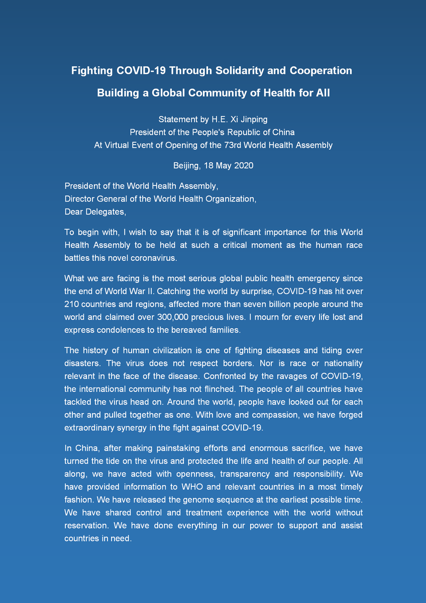 li_xiaosi's tweet photo. President Xi Jinping's speech at opening ceremony of #WHA73:
- #COVID19 control&amp;treatment
- the role of @WHO
- support for Africa
- global governance in the area of public health
- restoring economic&amp;social development
- strengthening intl cooperation
- concrete measures of China https://t.co/oUfZjB1x41