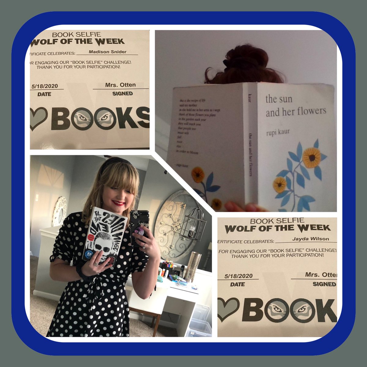 WCHSWolves's tweet photo. Book Selfie ๐คณ ๐บWolf of the Week Winners !!!!!
Congrats Jayda Wilson and Madison Snider ๐ Check your mailbox .... Special gift is on the way @WCHS_AP @WCHSRepthePACK @WestCler #RemoteLearningSelfie https://t.co/lWHbvC5wpy