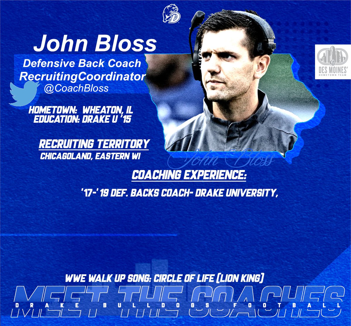 DrakeBulldogsFB's tweet photo. #MeettheCoachMonday gives us John Bloss. Coach Bloss was a 3 year starter at defensive back for Drake. Has done a great job using his experiences to help our DB's be playmakers! #GameChangers https://t.co/gHu2TLVSke