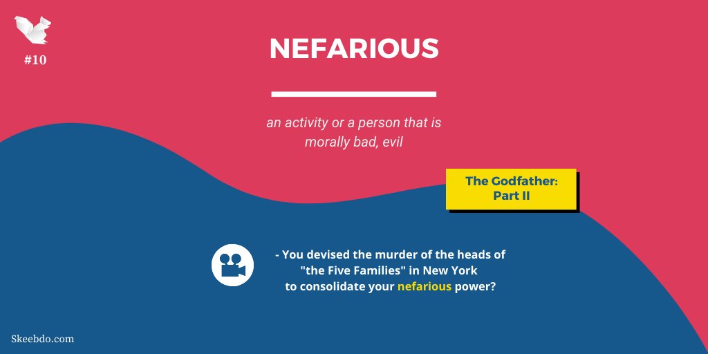 skeebdo's tweet photo. One more addition to your nefarious movie vocabulary 🦹
#skeebdo #godfather #learnenglishwithskeebdo #learnenglishwithmovies #gangstermovies #englishwords #nefarious #easyenglish #movies #englishvocabulary #studyenglish #vocabulary #wordoftheday https://t.co/FdGXOdZCr8