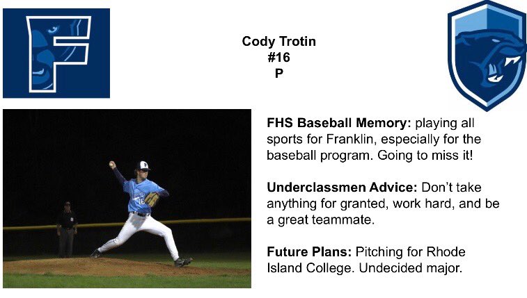 Sr. Tribute #6: #16 P Cody Trotin. Cody is a great teammate &amp; better person. Our staff was excited to see him perform this season. Cody threw well last season (3.81 ERA) but really blossomed at the end of the season &amp; summer. His best days are ahead of him at RIC. #PantherPride