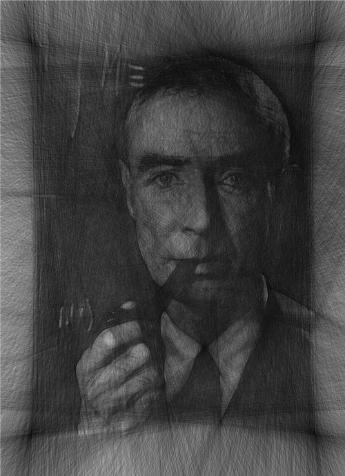 werkkraft's tweet image. Just black lines... A somehow worried-looking J. Robert Oppenheimer. #Radontransform #Mathematica