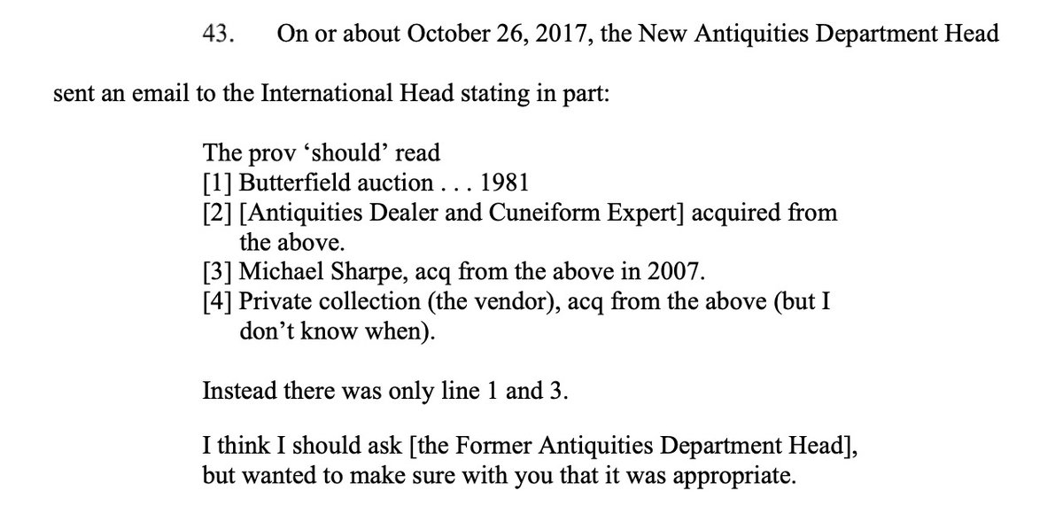 Auction house looks into it and wonders why its former head of antiquities didn't disclose the full (false) provenance: