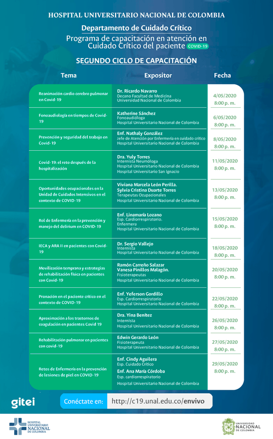 UNALOficial's tweet photo. ¡Prográmate! Para no perderte ninguna sesión del segundo ciclo de capacitaciones "Atención en Cuidado Crítico del paciente #COVID19" los lunes, miércoles y viernes a las 8:00 p.m. 👩‍⚕️ https://t.co/pJkvofHmZZ | #SomosUNAL https://t.co/Sq1mXXND2i