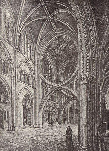 This view of the crossing by F.B. Bond, 1925, gives an idea of the splendour of the 1184 rebuilding of the abbey church. the standing E walls of the transepts are the best evidence for the elevation of this Early Gothic monster that would've blown Wells Cathedral away imo