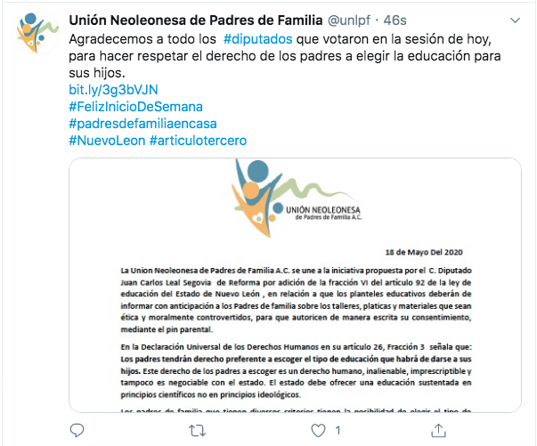 CarlosLeal's tweet photo. Gracias a todas las organizaciones y asociaciones de padres de familia por darnos la oportunidad de trabajar en conjunto por un mejor #NuevoLeón.

Por el derecho que tenemos los padres de elegir la educación de nuestros hijos! 🙏💪

#PorLaVidaYLaFamilia https://t.co/z3WBFFythN