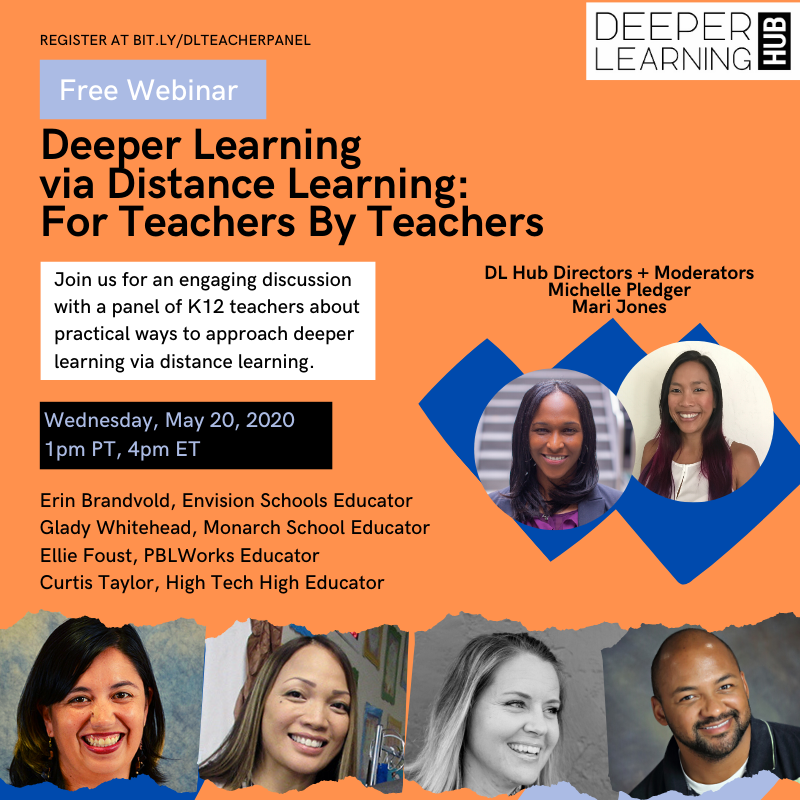 Join the #DeeperLearning Hub's <a href="/mariljones/">Mari Jones</a> @MichelleSadrena + teachers from <a href="/EnvisionSchools/">Envision Learning Partners</a> <a href="/PBLWorks/">PBLWorks</a> <a href="/hightechhigh/">High Tech High</a> <a href="/SanDiegoMonarch/">Monarch School Project</a> talk about structures and strategies to get at #DL during distance learning!  
Wednesday 5/20 1pm PT
Register at buff.ly/3g2WVvt